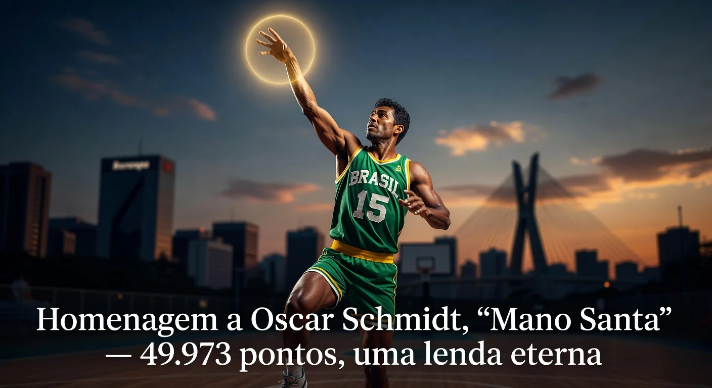 Realistic tribute illustration of Oscar Schmidt shooting a basket in Brazil jersey, commemorating the basketball icon's legendary career and death at 68.