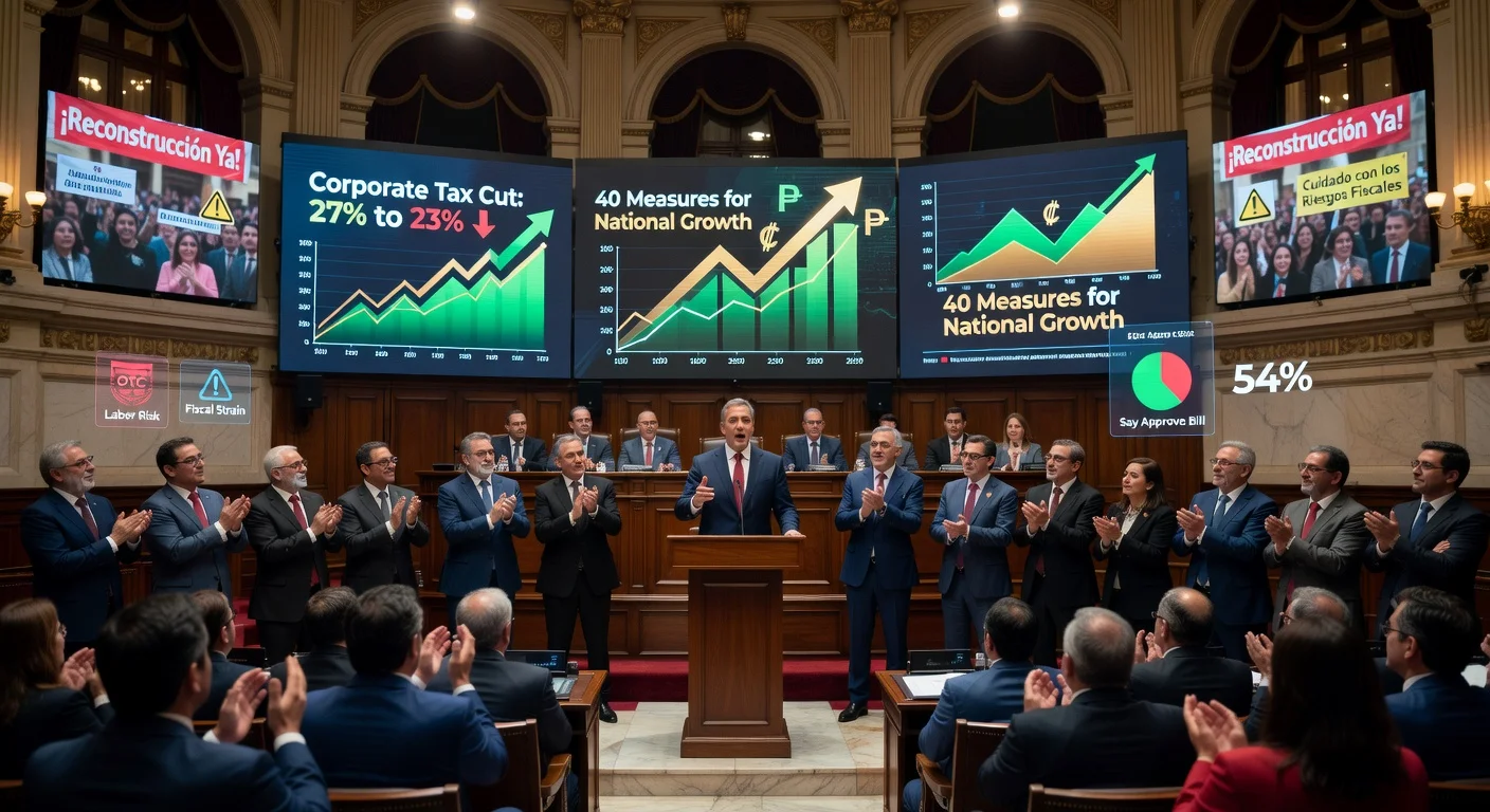 President José Antonio Kast presenting economic reform bill in Chilean Congress amid mixed reactions and poll support.