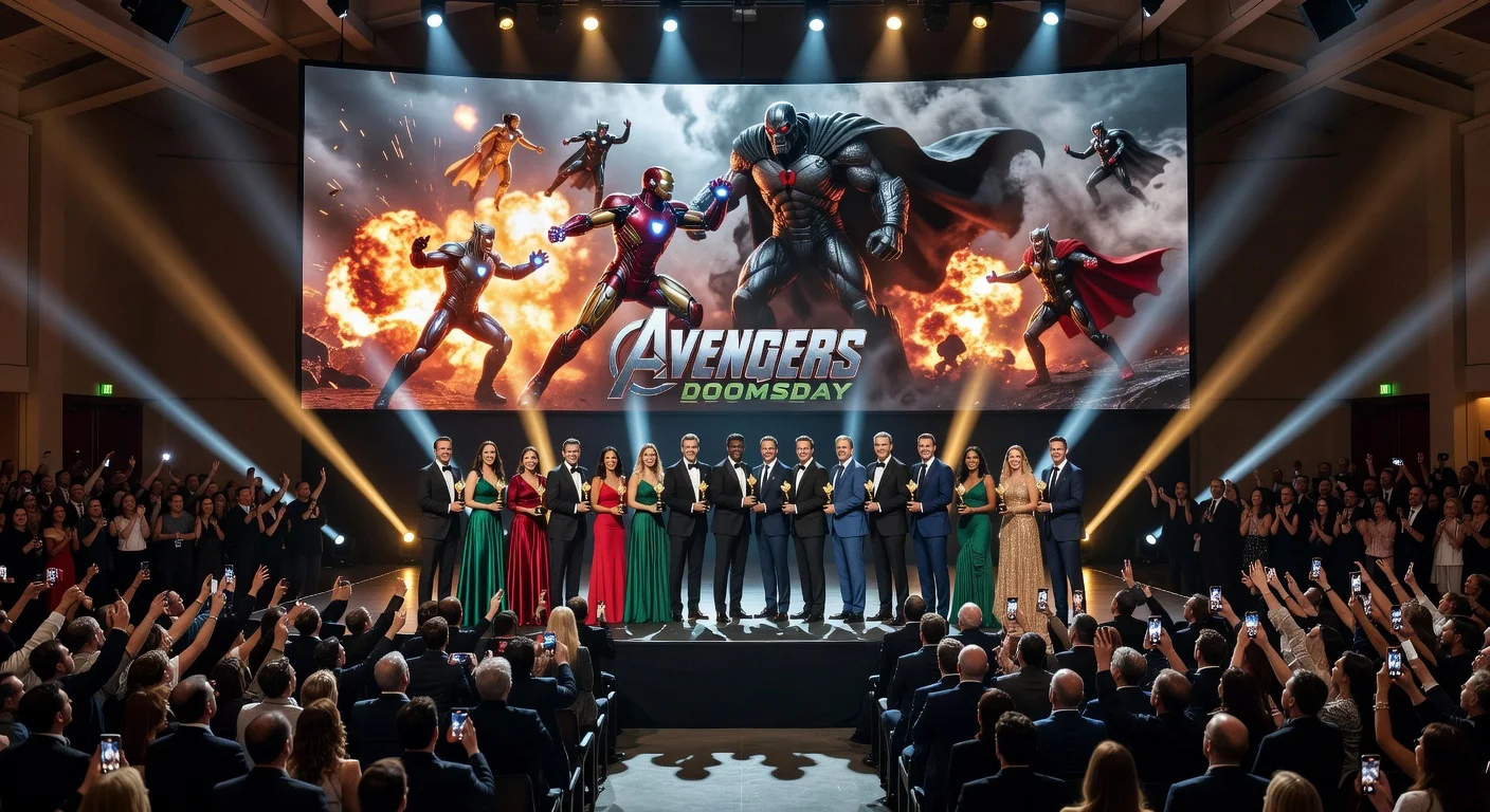 CinemaCon 2026 awards ceremony featuring rising stars receiving accolades and the Avengers: Doomsday trailer premiere on a massive screen.