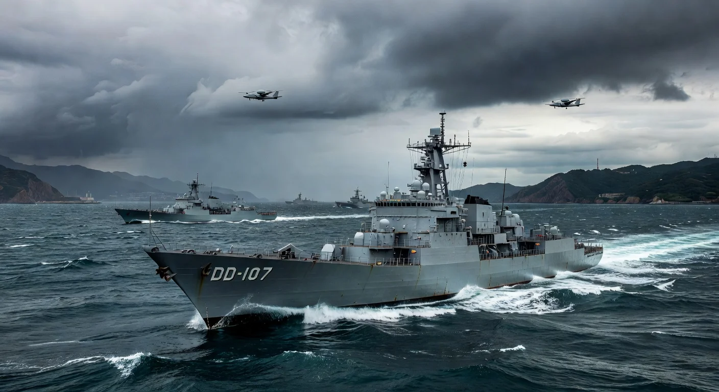 Illustration of Japanese destroyer JS Ikazuchi transiting Taiwan Strait amid Chinese military surveillance and protests.