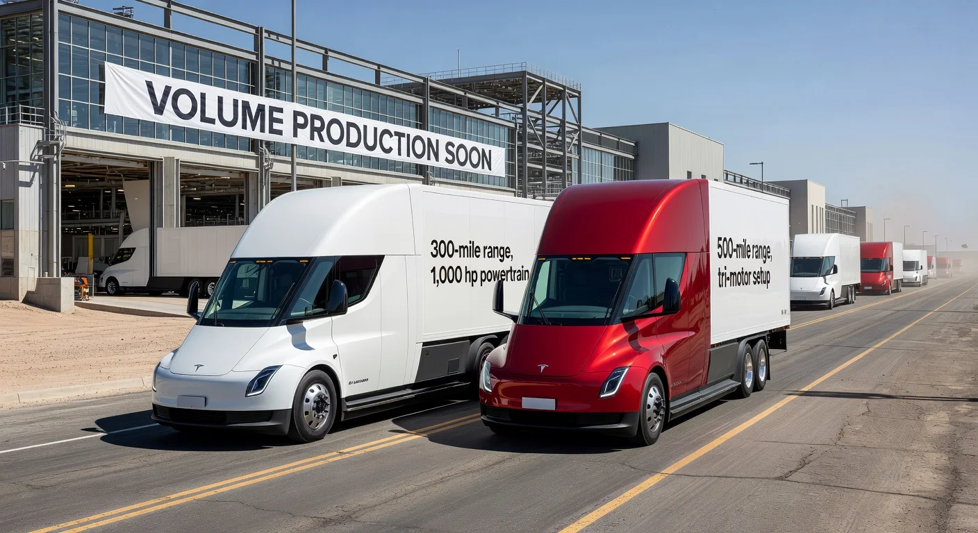 Tesla Semi production trucks: standard and long range versions with spec overlays, Gigafactory and assembly line in background.