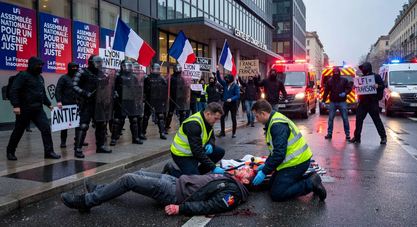 Dramatic illustration of a nationalist militant assaulted during a protest clash outside a Lyon conference, medics attending the injured man amid riot police intervention.
