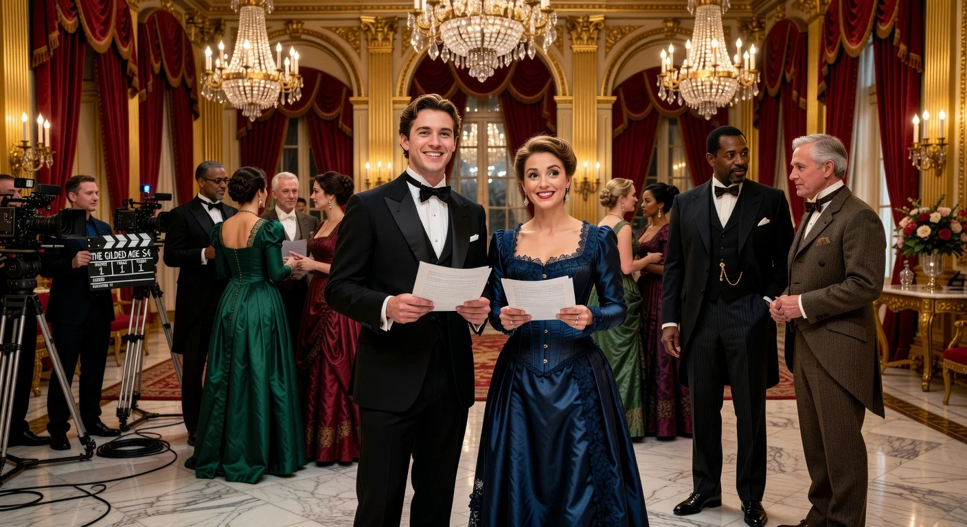 Illustration of The Gilded Age Season 4 cast promotions in a lavish period ballroom, featuring promoted actors Jordan Donica and Ashlie Atkinson with new cast members amid filming preparations.