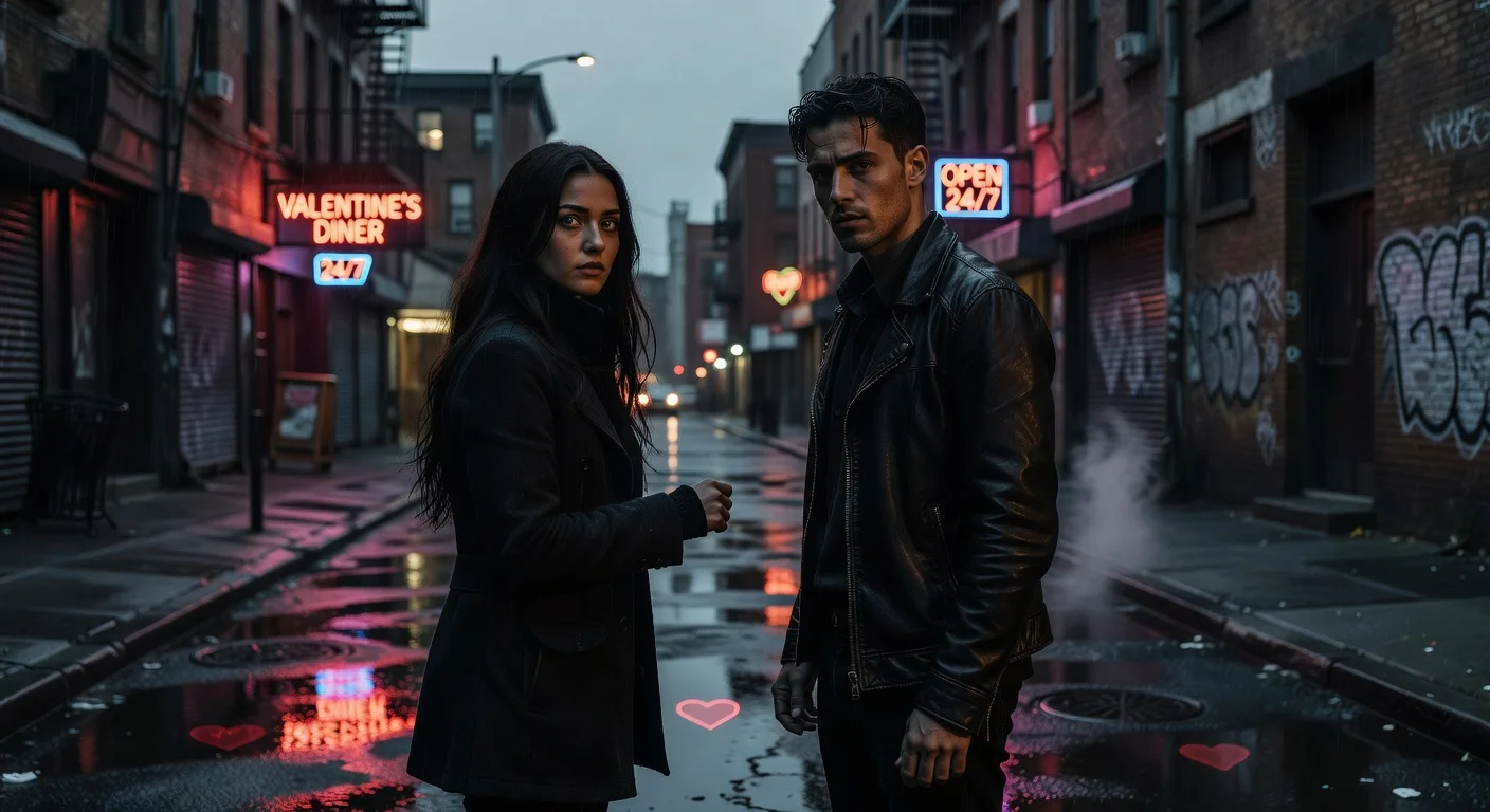 Illustrative image of the leads from BBC's 'Mint' sharing their first romantic glance in a moody urban setting, for news article on the series' first-look clip.