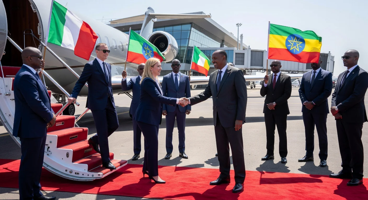 Italian PM Giorgia Meloni greeted by Ethiopian PM Abiy Ahmed at Bole International Airport in Addis Ababa.