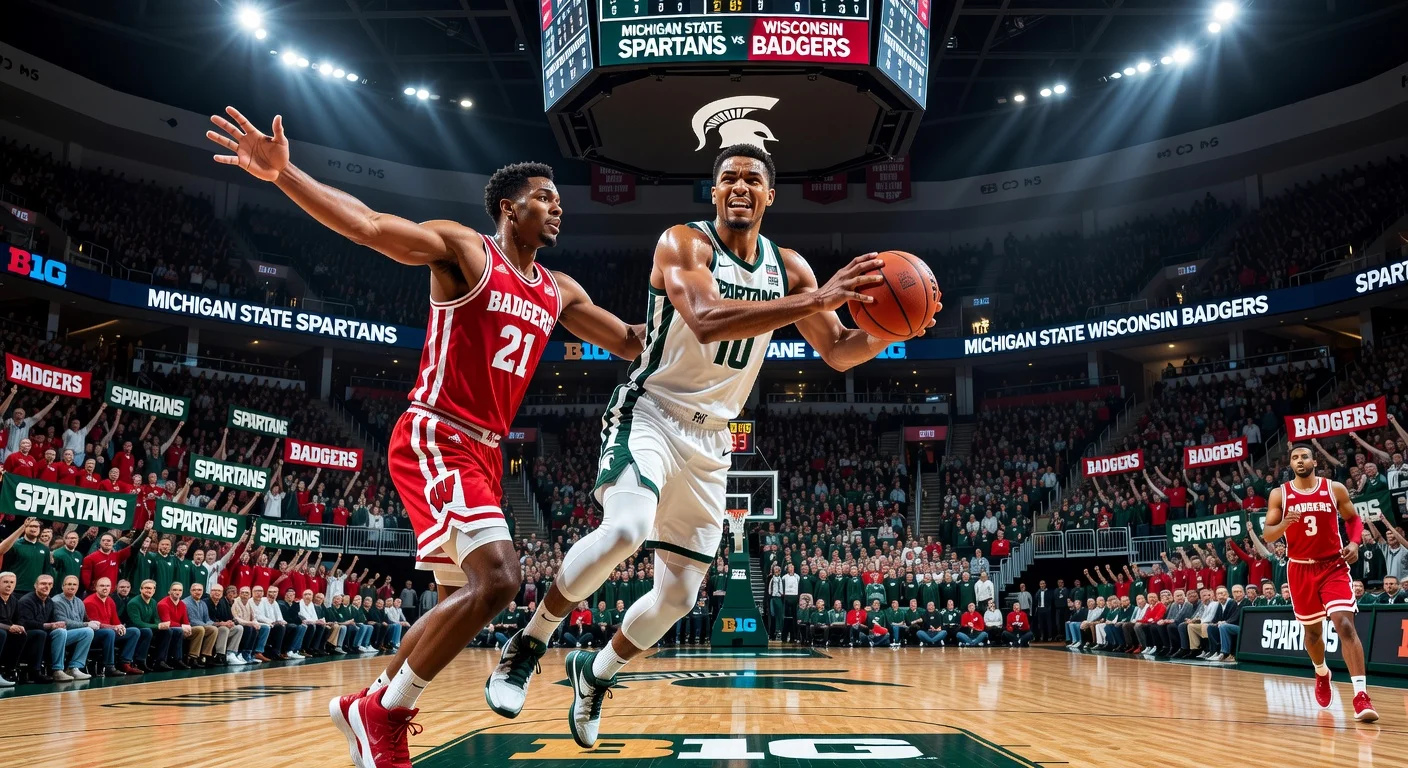 Dramatic action image of Michigan State Spartans versus Wisconsin Badgers in Big Ten basketball at Kohl Center.