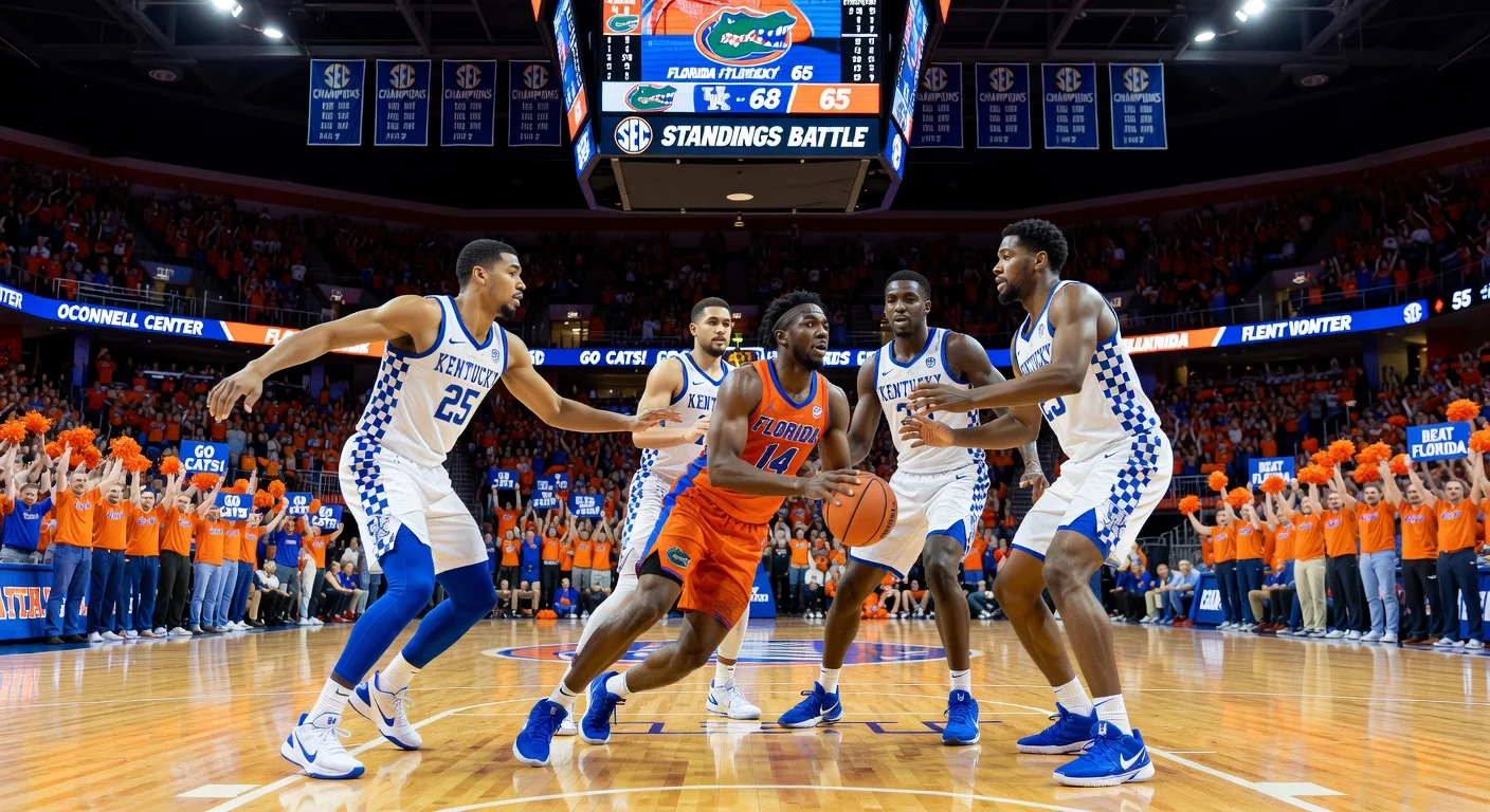 Photorealistic illustration of Florida Gators vs. Kentucky Wildcats SEC basketball matchup at Gainesville, featuring intense court action and cheering crowd.