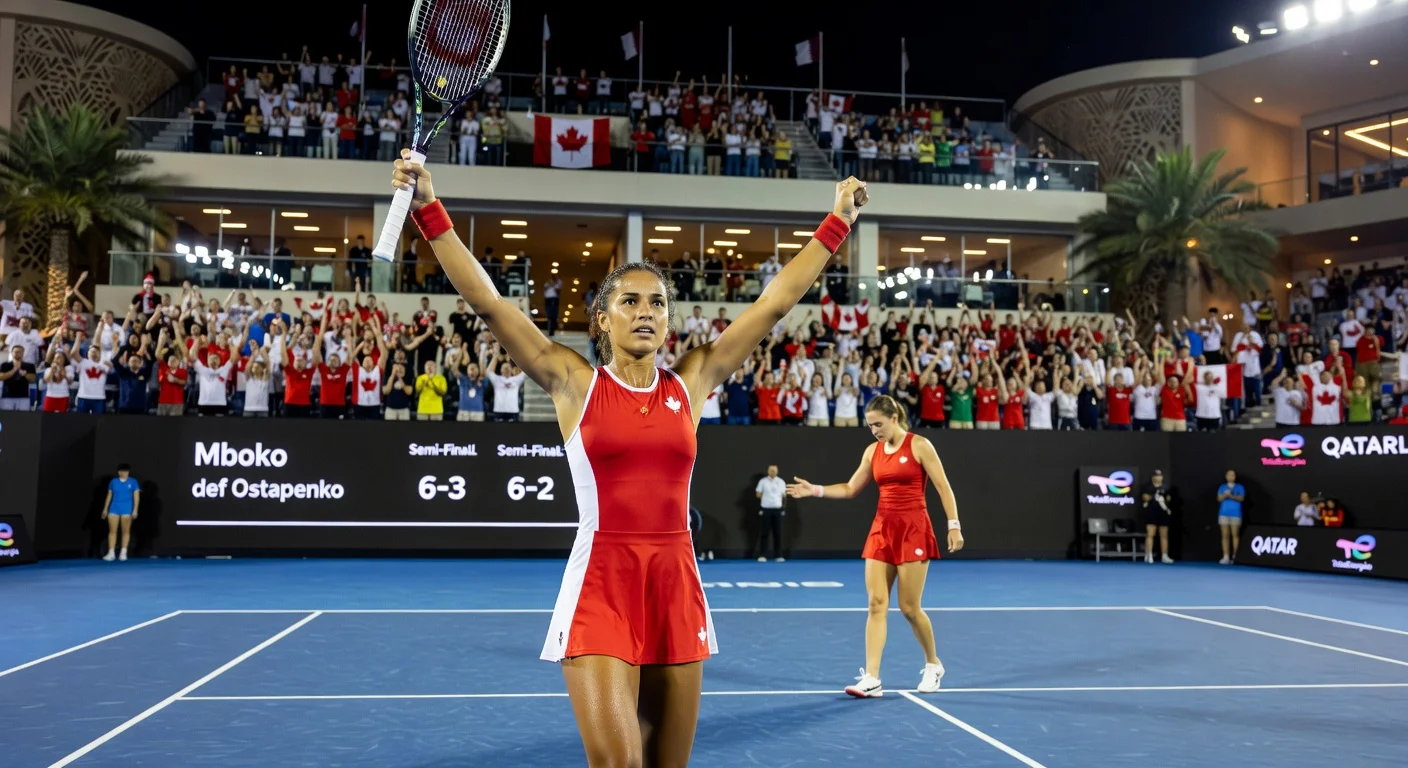 Victoria Mboko celebrates her 6-3, 6-2 semi-final victory over Jelena Ostapenko at the Qatar Open, securing her spot in the final.