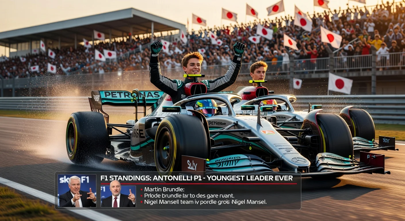 Dramatic F1 illustration showing Kimi Antonelli leading George Russell at Mercedes amid warnings from Brundle and Mansell.