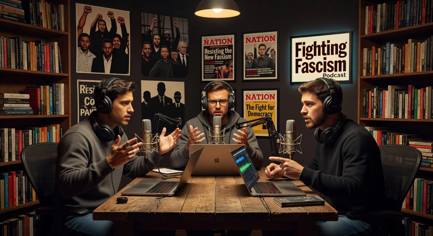 Podcast hosts Aaron Regunberg, Jonathan Smucker, and Matt DaSilva recording 'Fighting Fascism' for The Nation, surrounded by books and resistance imagery.