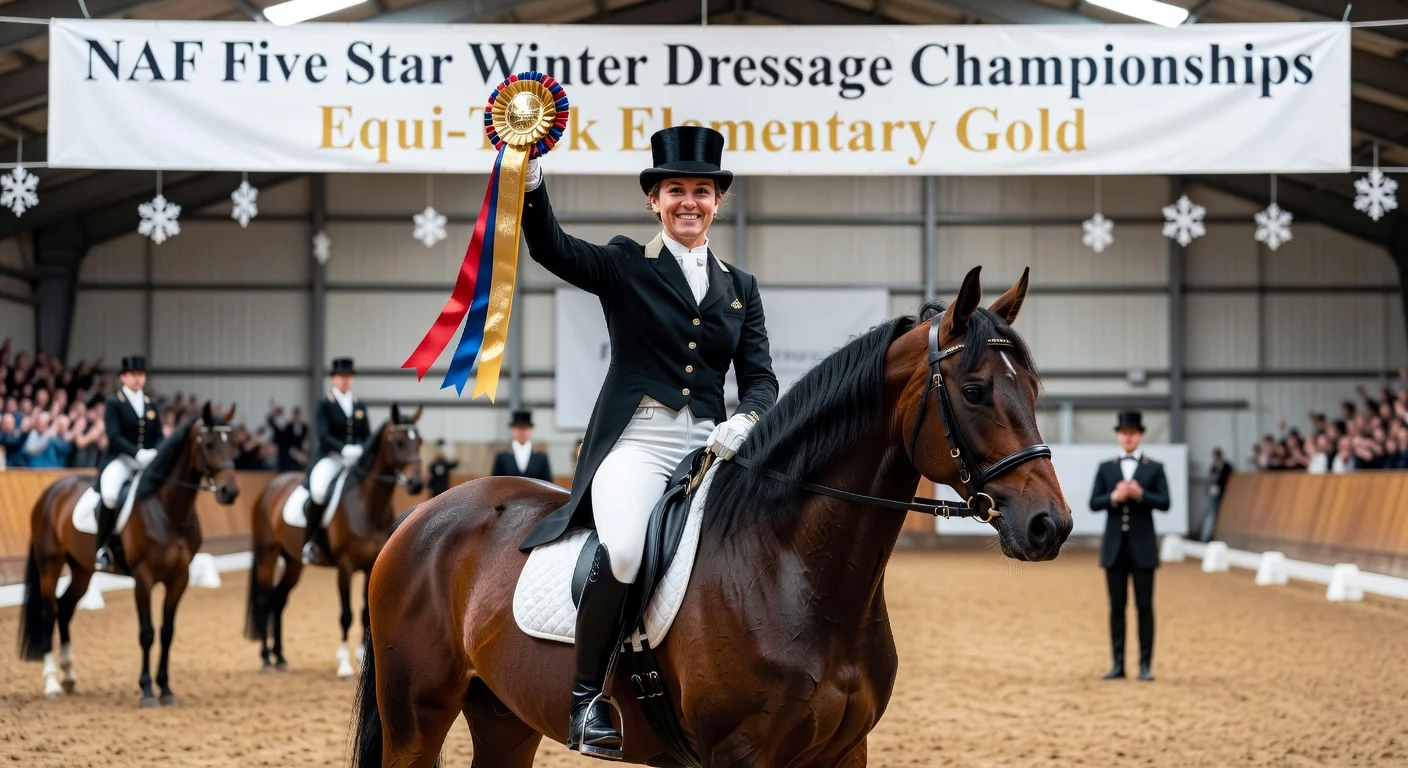 Sophie Wells and Ontario LC with gold rosette at Winter Dressage Championships victory.