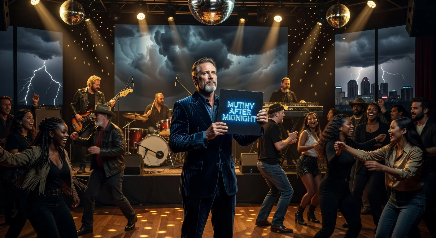 Photorealistic illustration of Johnny Blue Skies (Sturgill Simpson) performing his new dance album 'Mutiny After Midnight' on stage with dancing crowd amid stormy midnight vibes.