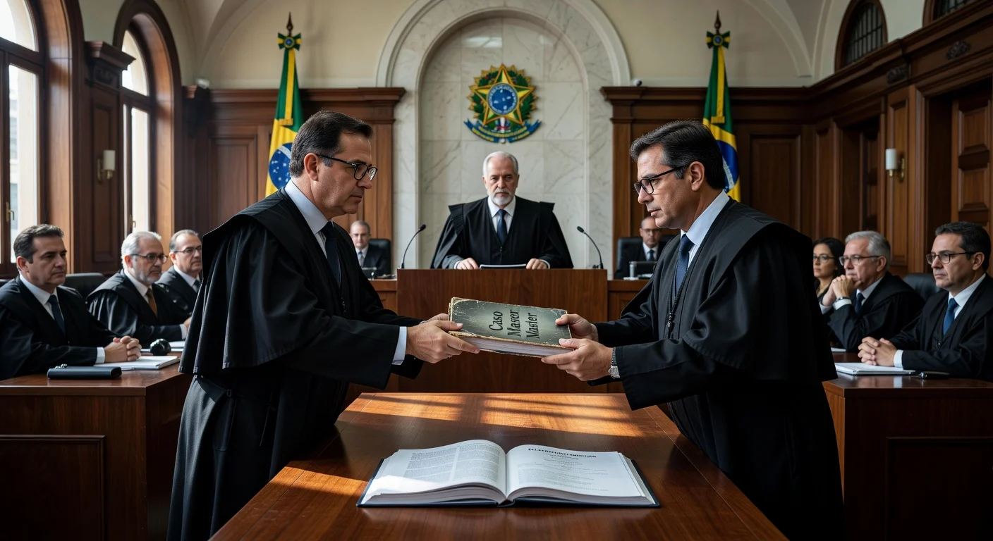 STF Minister Dias Toffoli hands the Master case file to André Mendonça in court chamber after stepping down.
