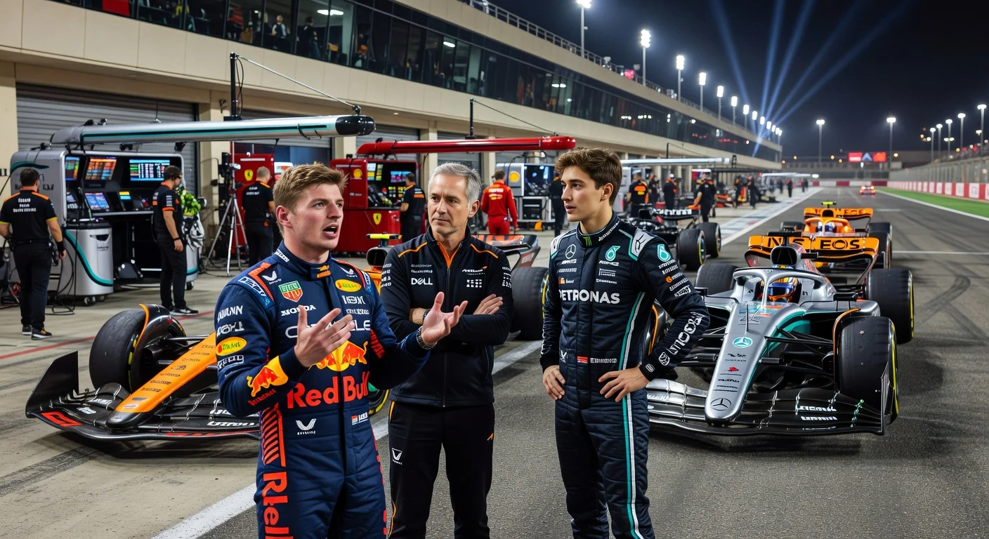 F1 drivers Max Verstappen, Andrea Stella, and George Russell debate 2026 car energy management during Bahrain night test, with futuristic cars in pit lane.