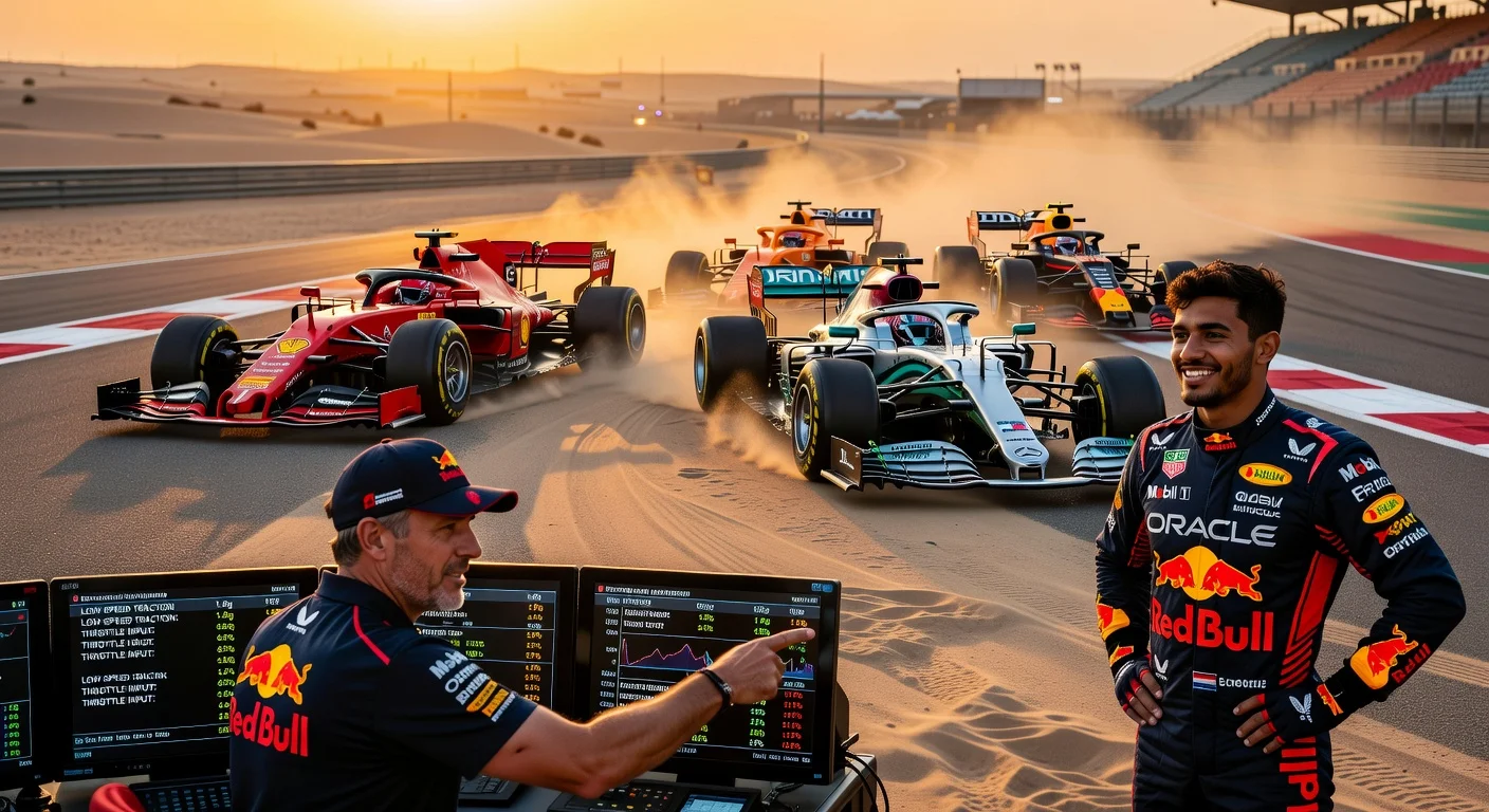Illustration depicting Red Bull trailing top F1 rivals Ferrari, Mercedes, and McLaren during Bahrain testing, featuring team director Pierre Wache and driver Isack Hadjar.
