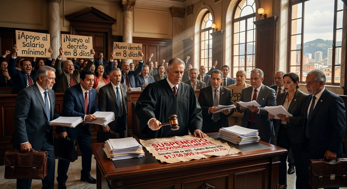 Realistic courtroom illustration of Colombia's Council of State suspending the 2026 minimum wage decree amid reactions from workers and officials.