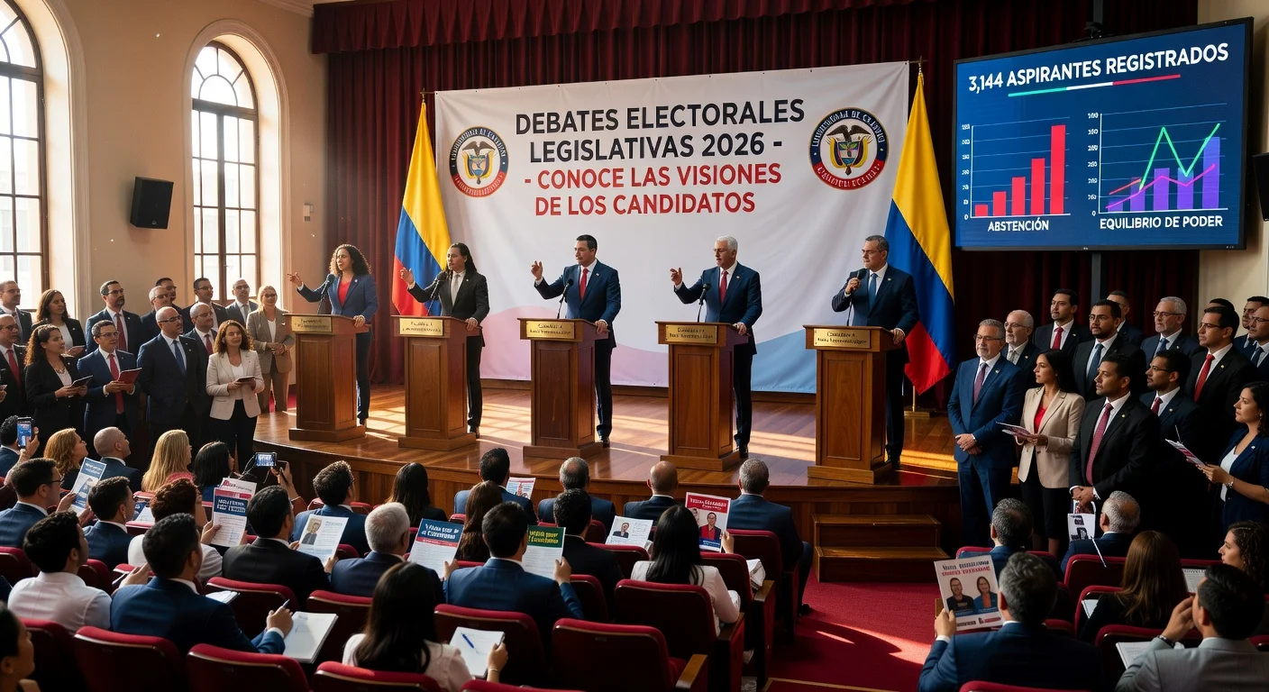 Realistic illustration of a heated candidates' debate at Universidad de San Buenaventura for Colombia's 2026 legislative elections, emphasizing voter engagement and political visions.