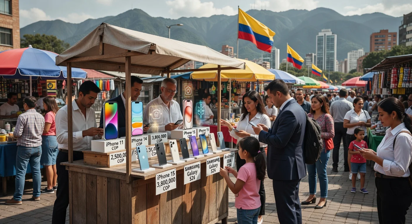 Illustration showing iPhone 11, 14, and 15 models competitively displayed in a lively Bogota market stall in 2026, with Colombian shoppers and Android phones nearby.