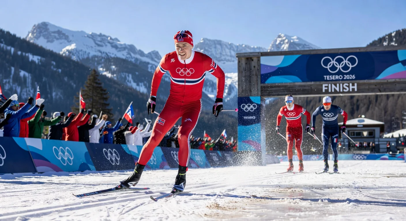 Johannes Høsflot Klæbo wins gold in men's 10km freestyle cross-country skiing at 2026 Winter Olympics, tying Olympic record.