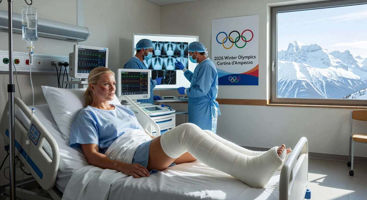Lindsey Vonn in hospital bed with leg cast after severe Olympic downhill crash, surrounded by medical staff and Olympic memorabilia.