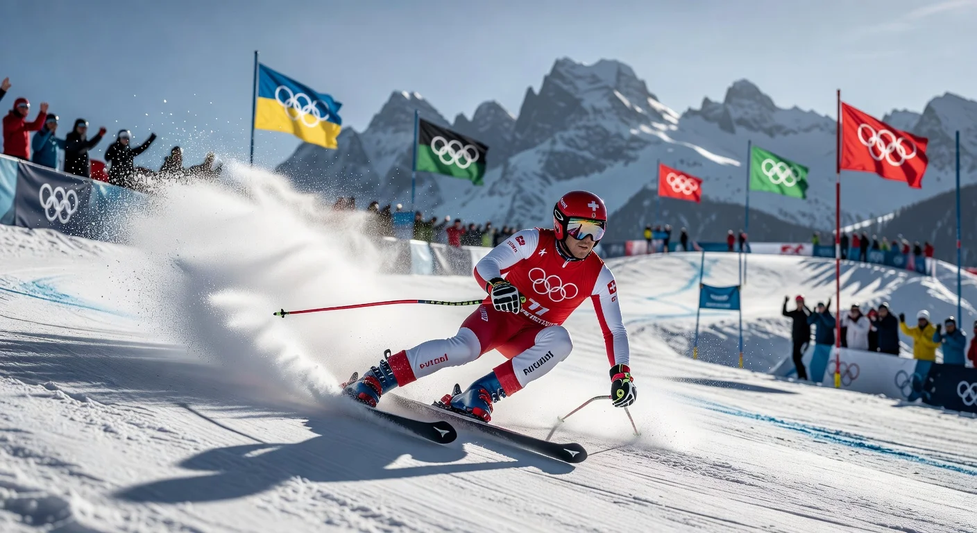 Marco Odermatt of Switzerland races fiercely in the men's giant slalom, favored for Olympic gold in Bormio.
