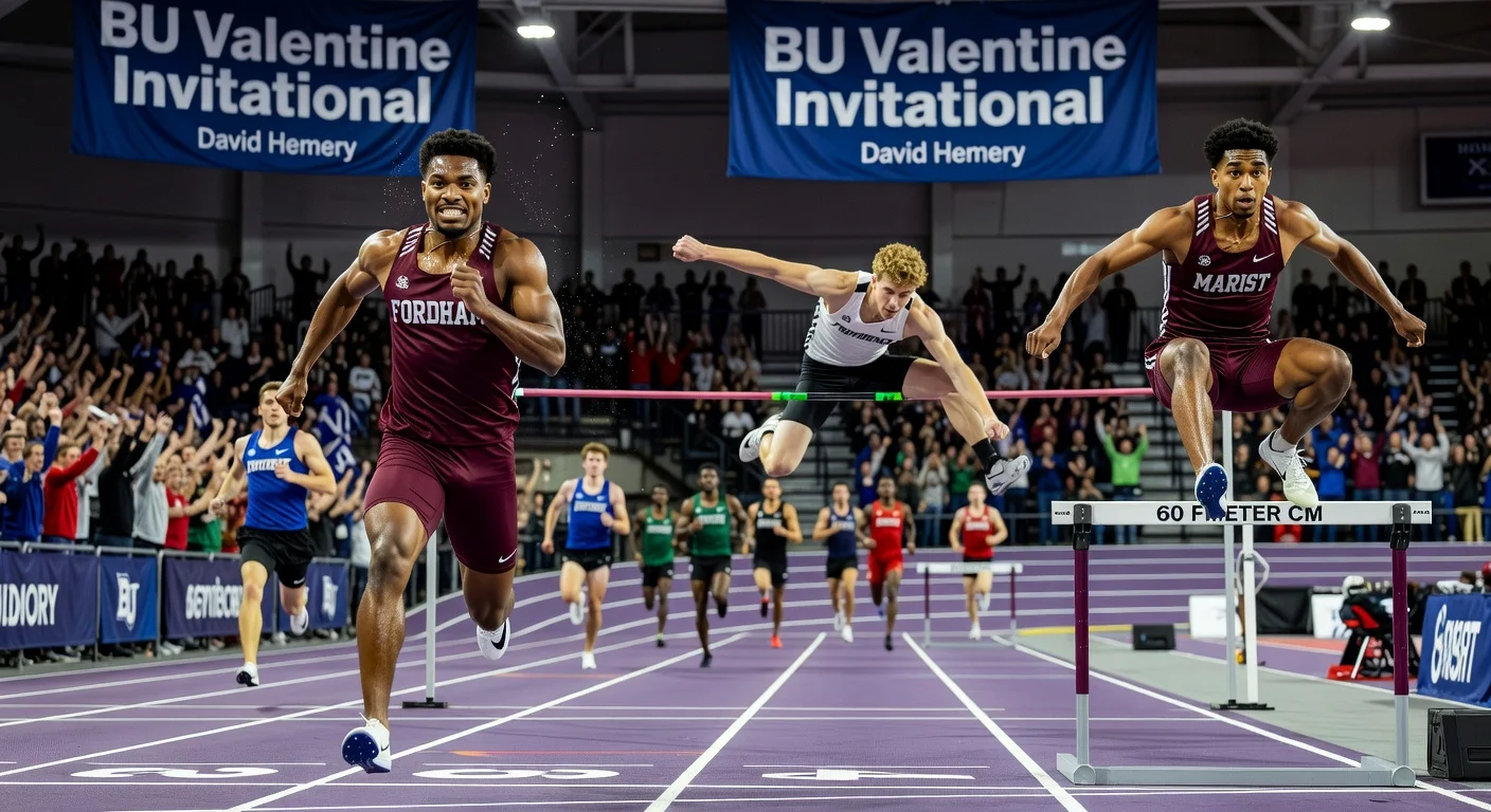Fordham, Marist, and Providence men's track athletes in action at BU Valentine Invitational indoor meet.