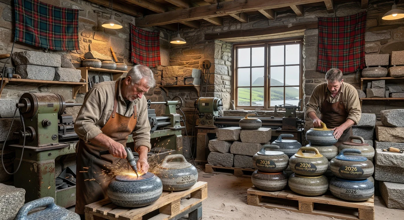 Scottish craftsmen in a Mauchline factory handcrafting curling stones from Ailsa Craig granite for the 2026 Winter Olympics.