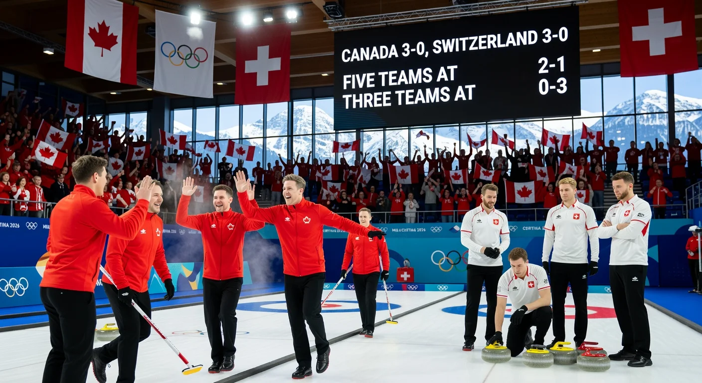 Canadian and Swiss men's curling teams celebrate undefeated 3-0 records atop the Milano Cortina 2026 Olympic standings on the rink with scoreboard.