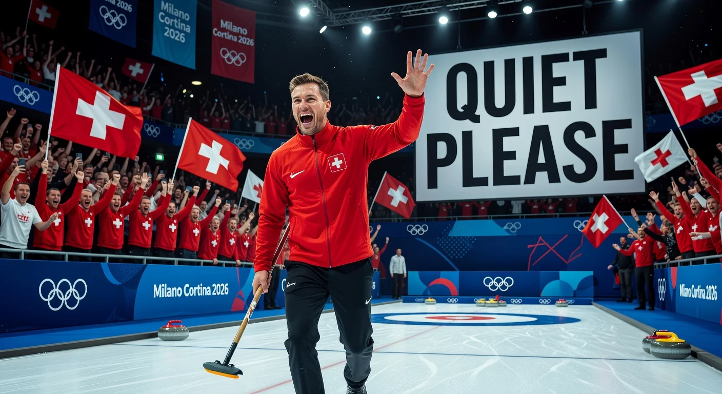 Swiss curler Yannick Schwaller urges louder Olympic crowds against a 'Quiet Please' sign after victory.