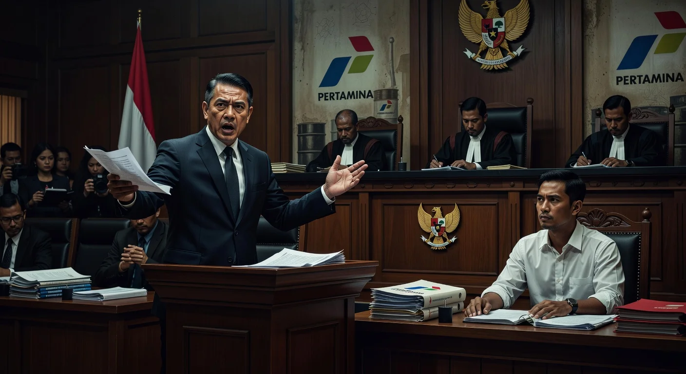 Courtroom scene depicting prosecutors demanding 18 years in prison for Kerry Riza in the Pertamina corruption case.