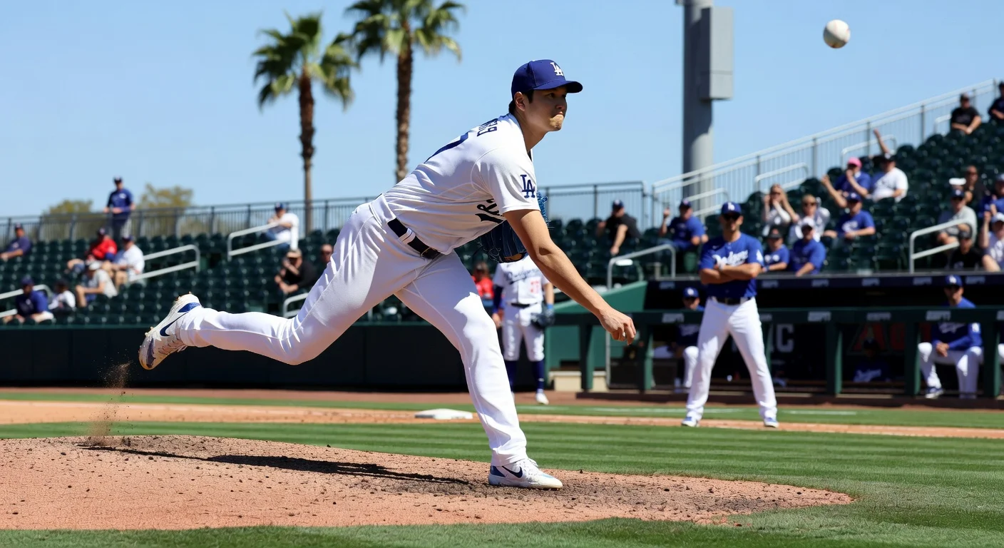 Shohei Ohtani pitches dynamically during 2026 Dodgers spring training debut, eyeing Cy Young award.