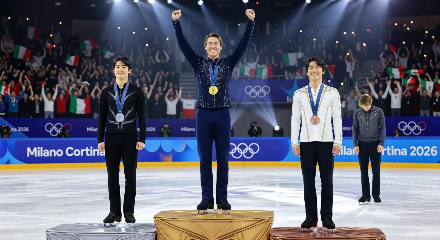 Olympic figure skating podium: Kazakhstan's Shaidorov celebrates gold, Japan's Kagiyama silver and Sato bronze, as U.S. Malinin looks dejected after upset loss.