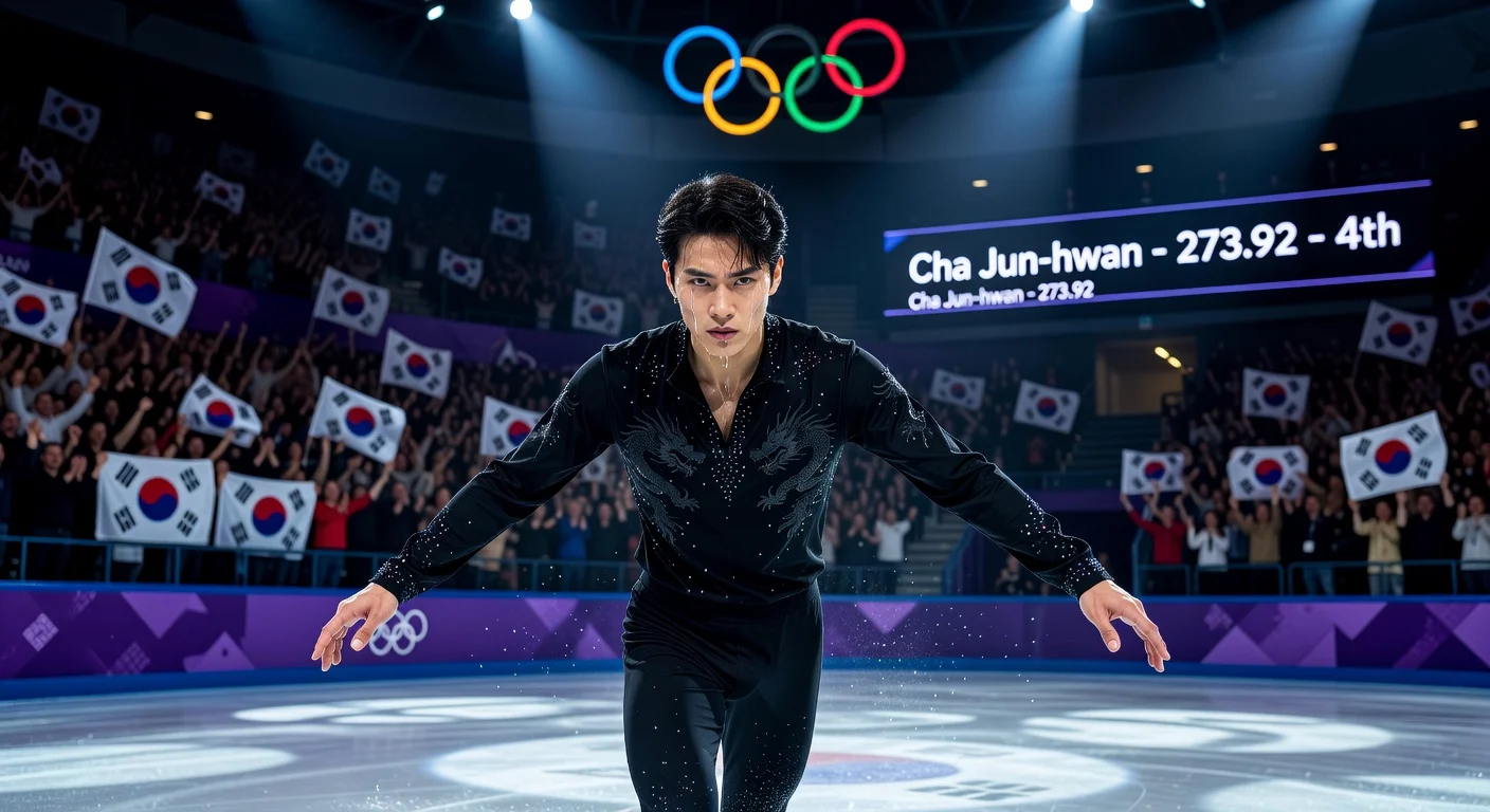 Cha Jun-hwan of South Korea stands proudly on the Olympic ice after earning fourth place in men's figure skating, a record for his nation.