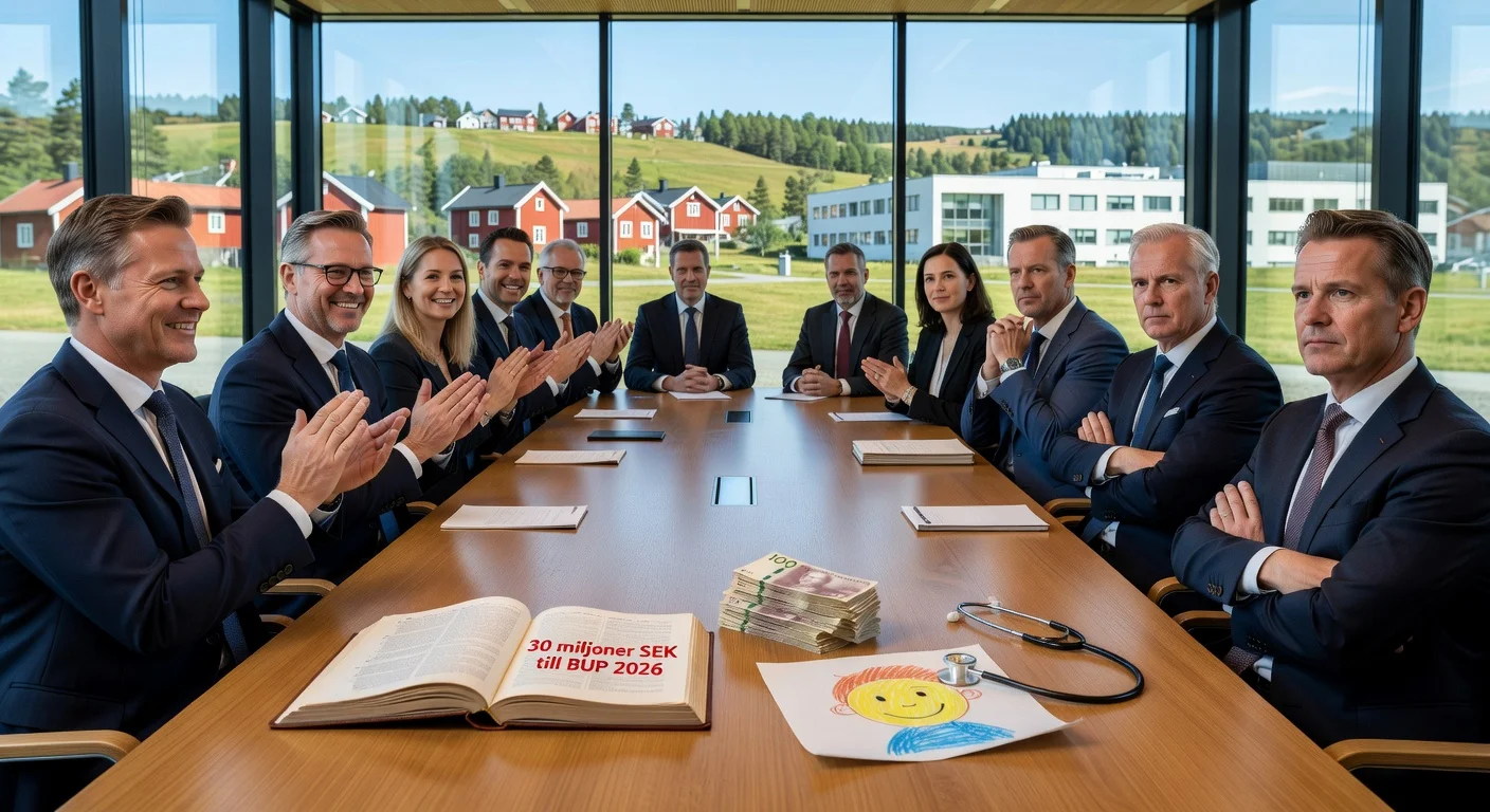 Illustration of Region Dalarna council allocating 30 million SEK to child psychiatry, showing politicians debating budget with symbolic care elements.