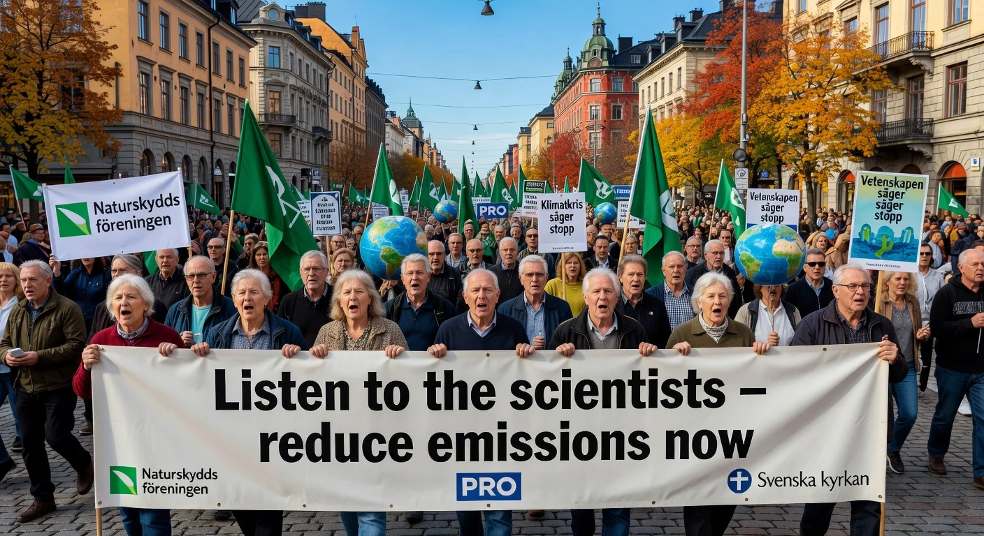 Elderly leaders at the front of a massive climate protest march in Stockholm, banners urging emission cuts.