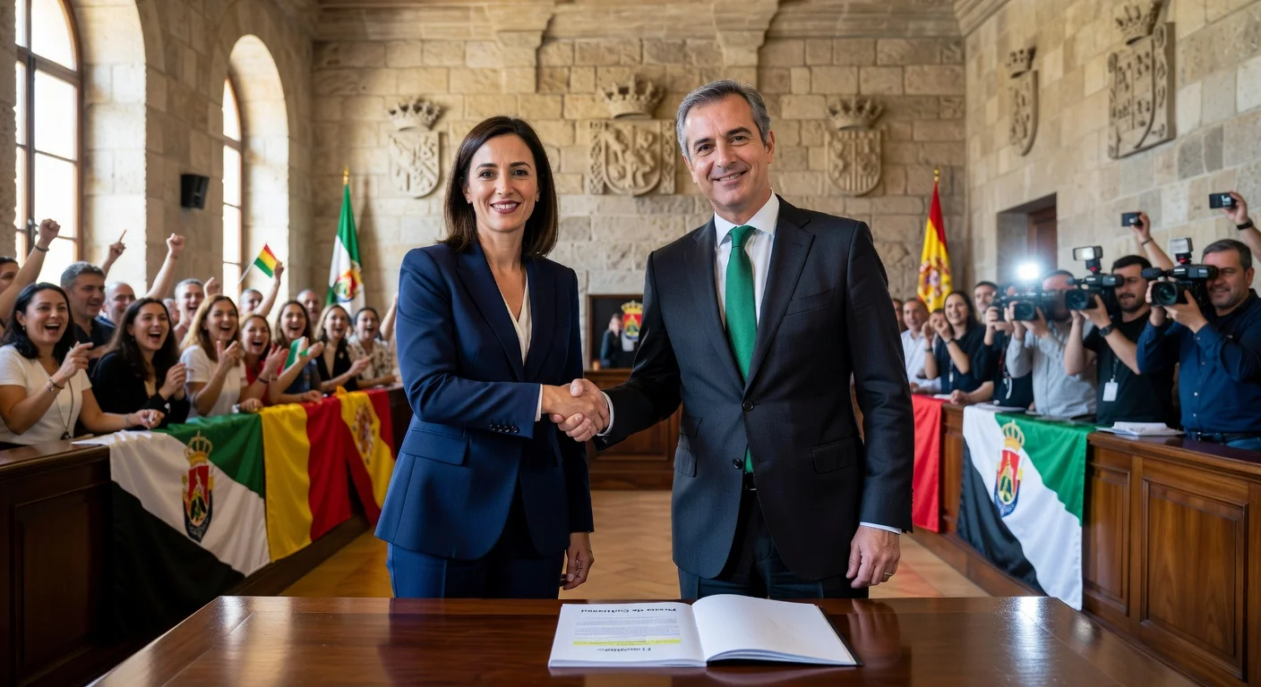 PP leader María Guardiola and Vox representative seal coalition government pact in Extremadura parliament.