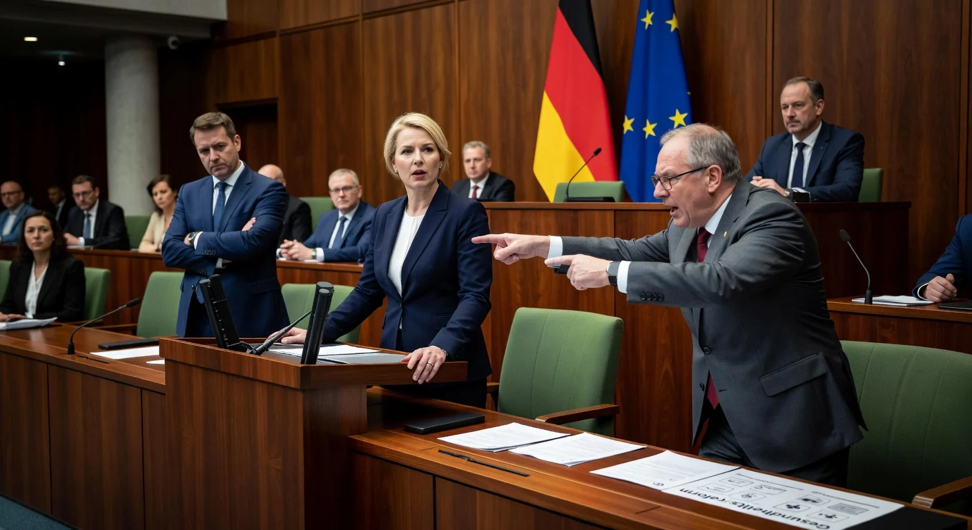 Illustration of German politicians debating health insurance reform: CSU criticizes CDU minister's plans amid SPD rejection.