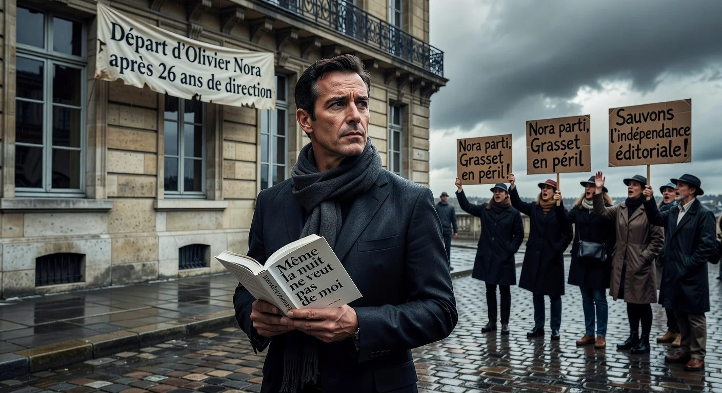TV host Arthur holds his delayed book outside Grasset amid protests over editorial independence loss.