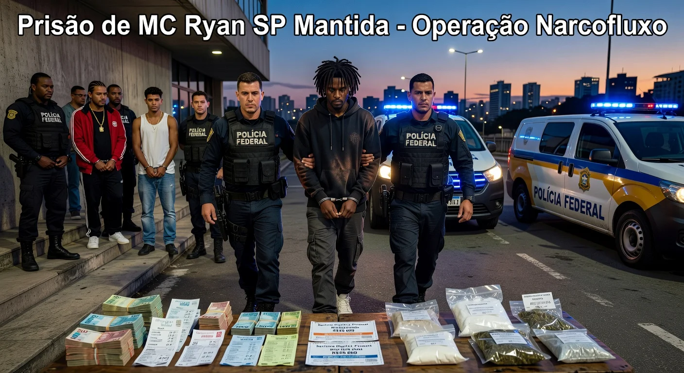 Illustration of MC Ryan SP's arrest in PF's money laundering operation Narcofluxo, showing handcuffed singer with agents and seized cash outside São Paulo headquarters.