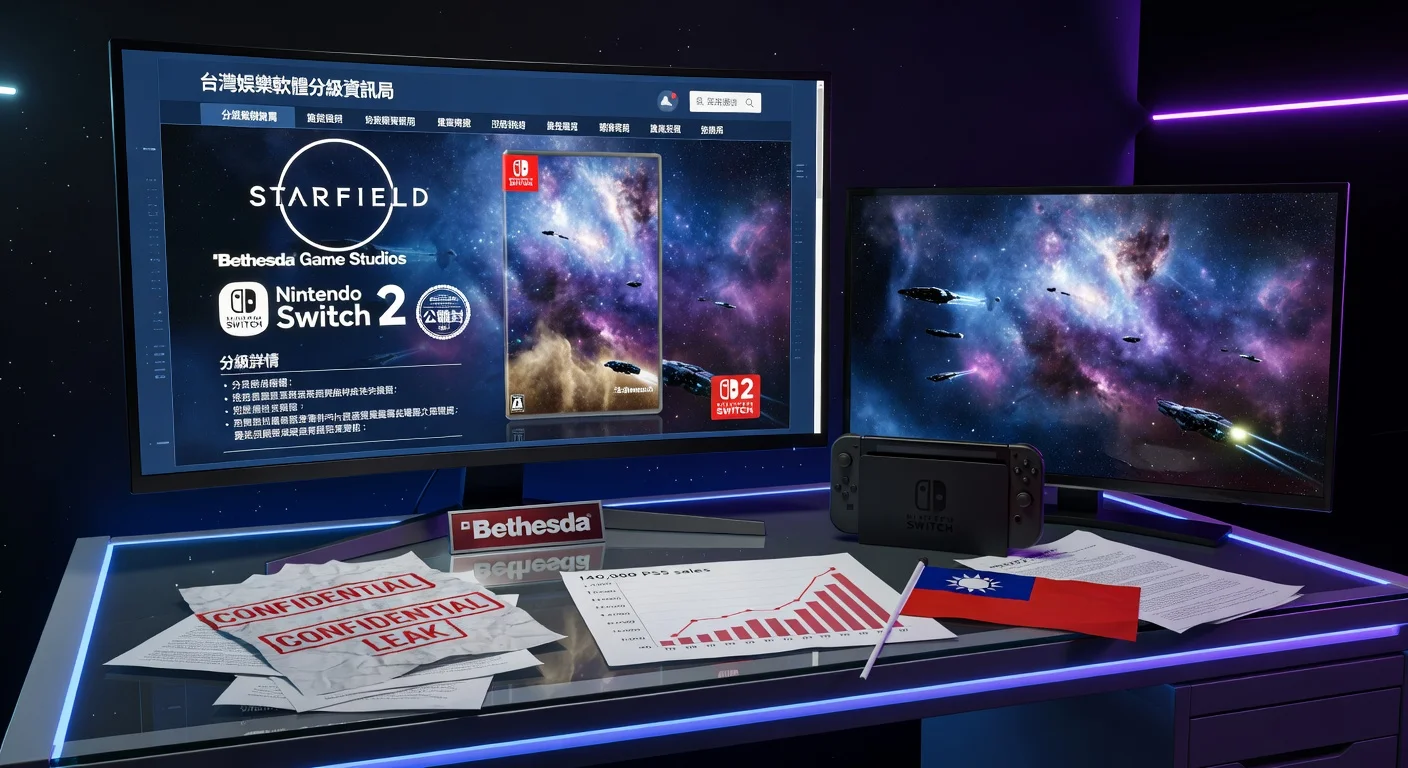 Photorealistic illustration depicting the Taiwan ratings board leak of Starfield for Nintendo Switch 2, featuring a computer screen with the rating page and gaming console.