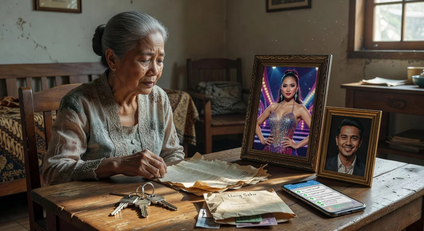 Emotional portrait of Sri Wulansih holding photos of Julia Perez and Raffi Ahmad amid apartment sale documents, symbolizing gratitude and plea.