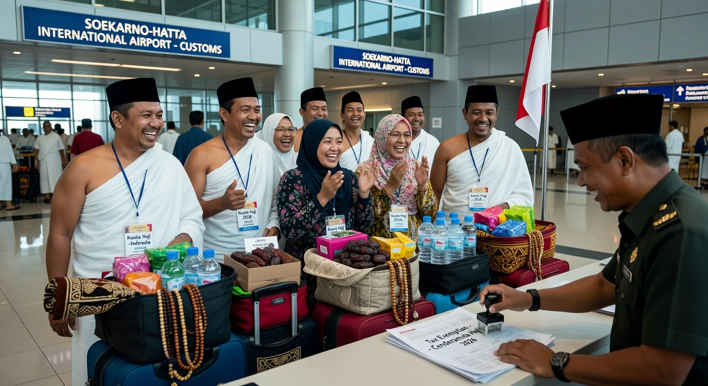 Indonesian Hajj pilgrims at airport customs receiving tax exemptions for 2026 souvenirs.