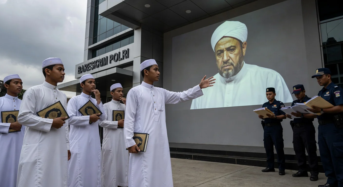 Illustration of Quran-memorizing students reporting Sheikh Ahmad Al Misry to Indonesian police for alleged sexual harassment.