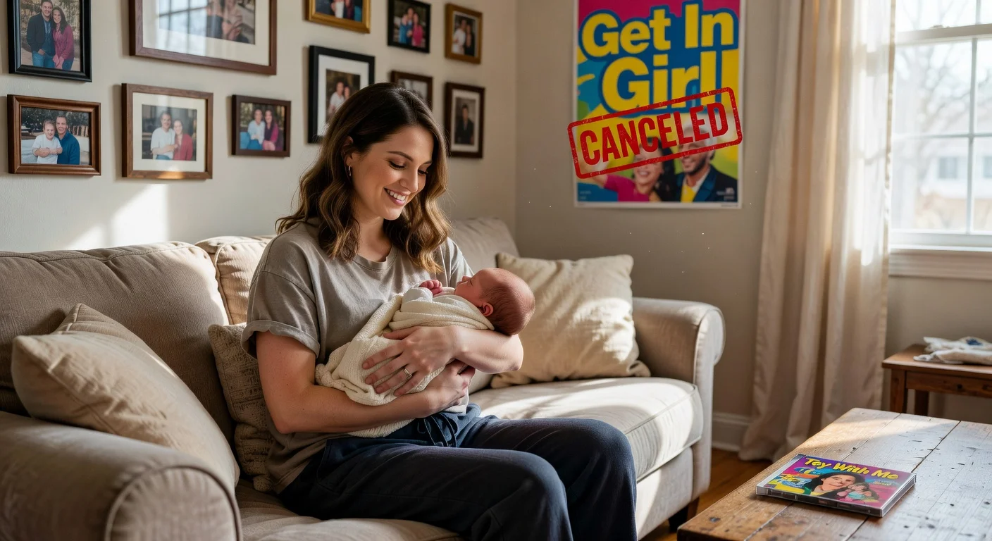 Meghan Trainor holding her baby at home with a canceled tour poster in the background, illustrating her tour cancellation announcement.
