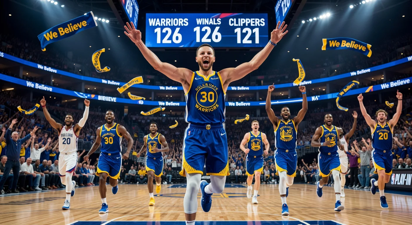 Stephen Curry celebrates Golden State Warriors' thrilling comeback win over Clippers in NBA Play-In Tournament.