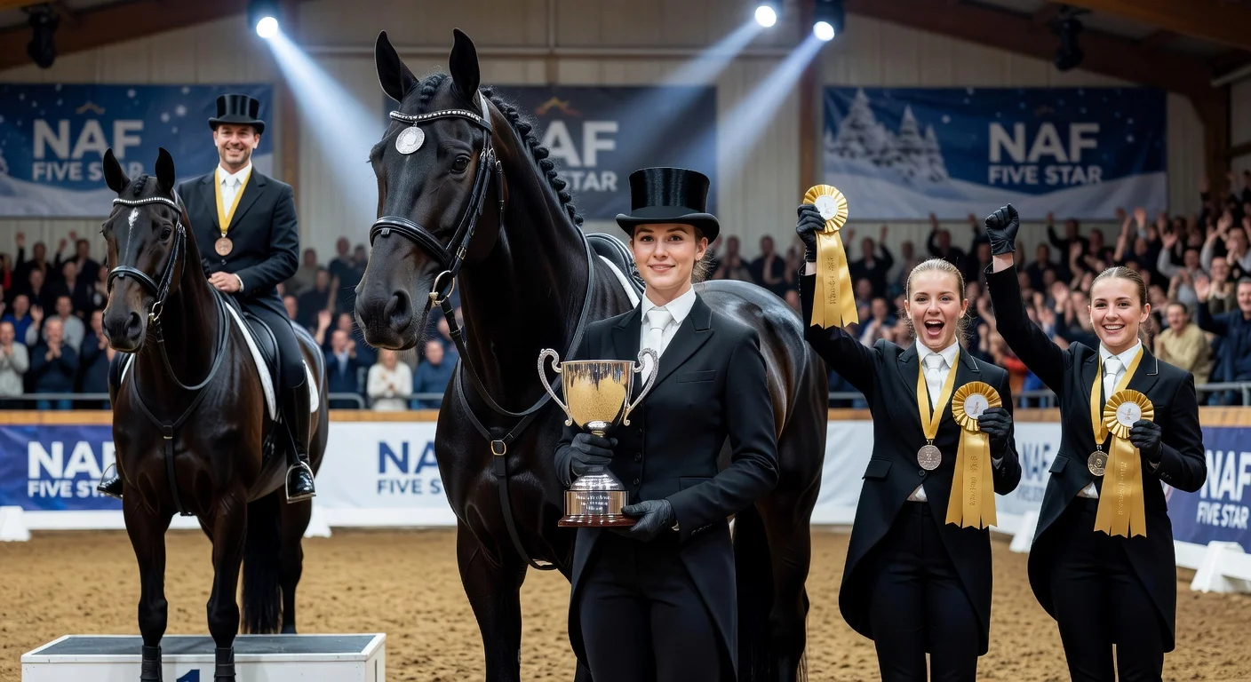 Winners podium at NAF Five Star Winter Dressage Championships opening day, featuring Carmen Gammie and fellow victors with their horses.