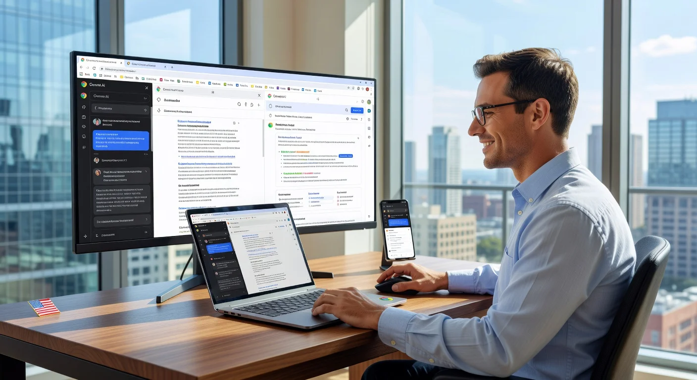 Illustration of a user experiencing Google's updated AI Mode in Chrome, featuring side-by-side browsing and tab integration on desktop and mobile.