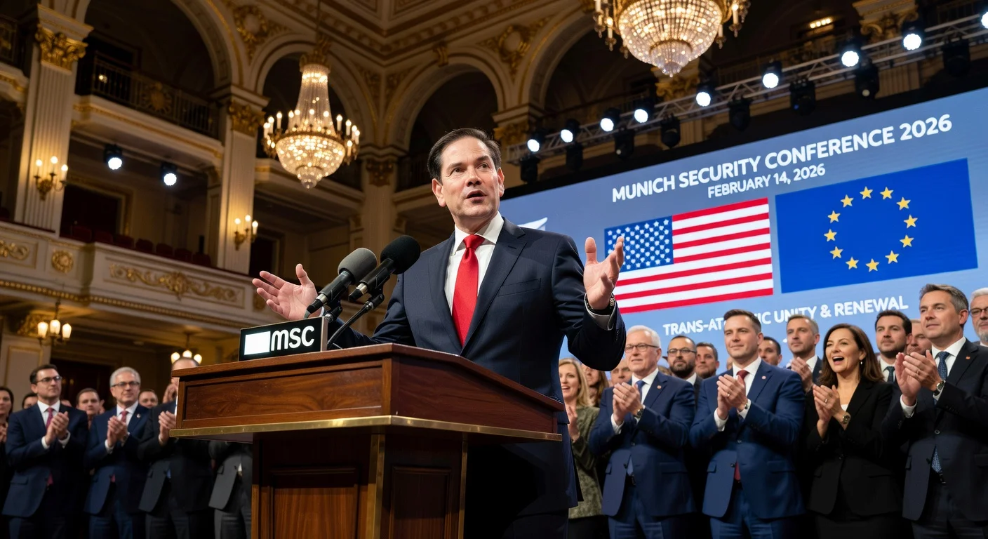 U.S. Secretary of State Marco Rubio speaks at Munich Security Conference, receiving standing ovation from audience.