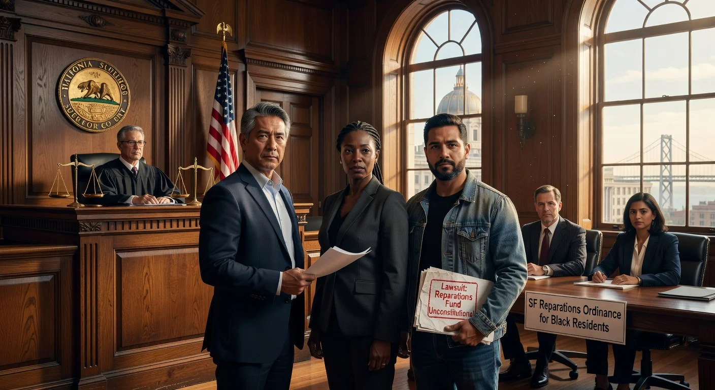 Courtroom illustration depicting plaintiffs suing San Francisco over race-based reparations fund.