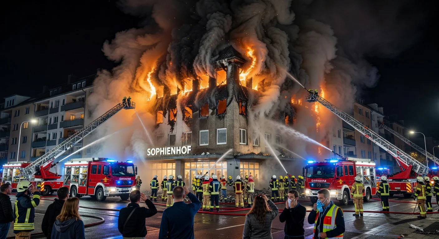 Firefighters combat deadly apartment fire above Sophienhof shopping center in Kiel, with smoke billowing from upper floors.